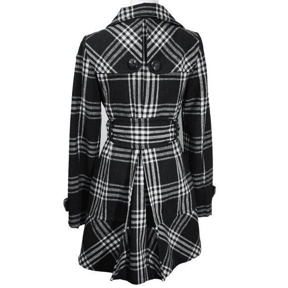 Express Plaid Coat Mod Academia Goth Classic Wool Blend Funnel Neck Long Peacoat - Picture 3 of 12